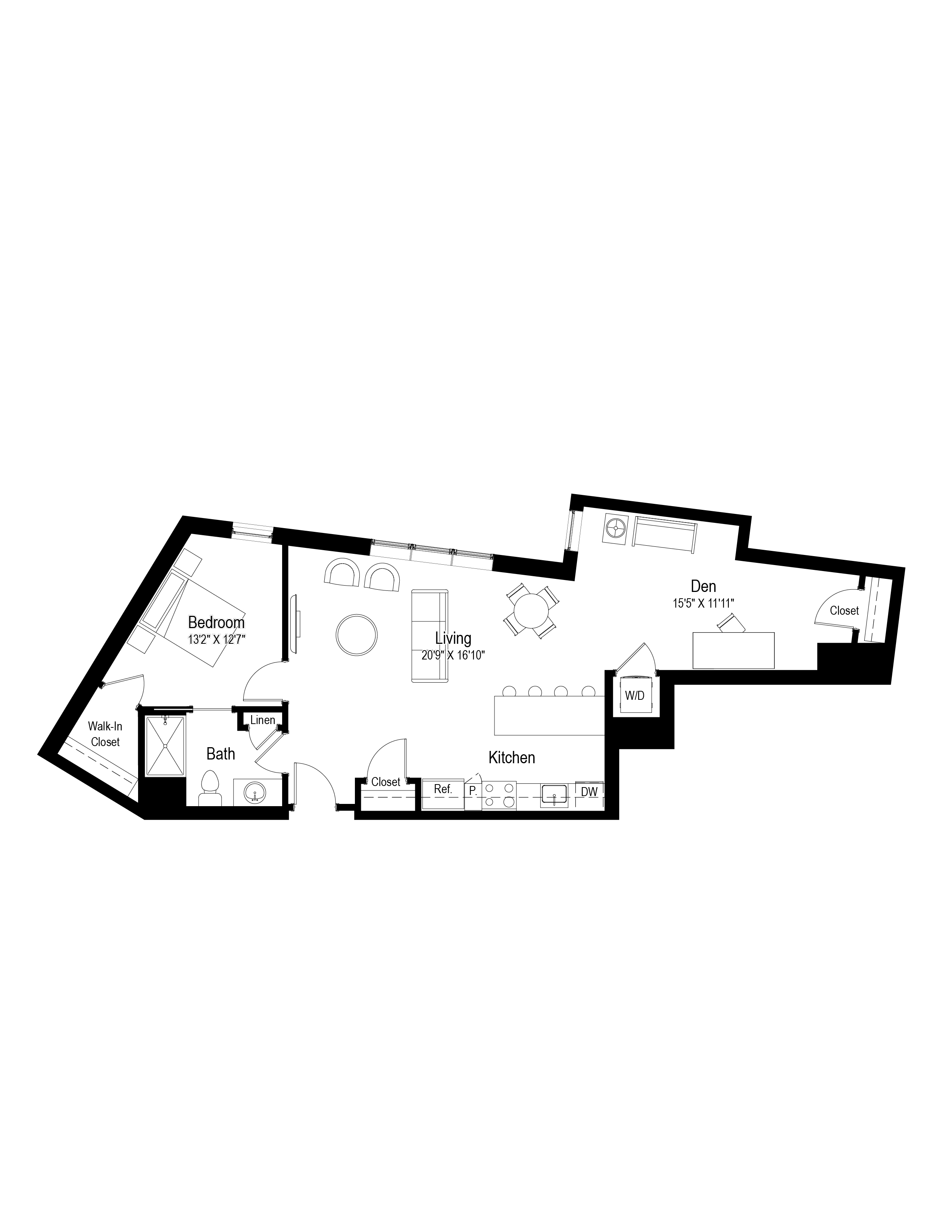 Floor plan for 1 bed, 1 bath, 949 sqft
